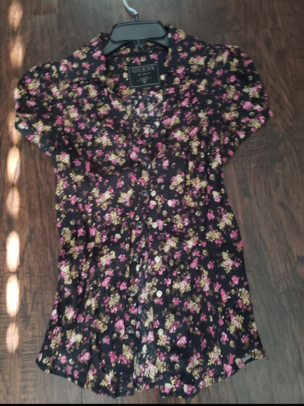 GUESS Black Floral Blouse with Black And  Pink Flowers - Picture 2 of 5